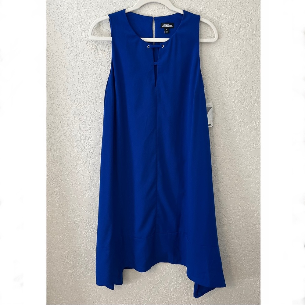 Project Runway women’s sleeveless asymmetrical hem midi swing dress, M, blue